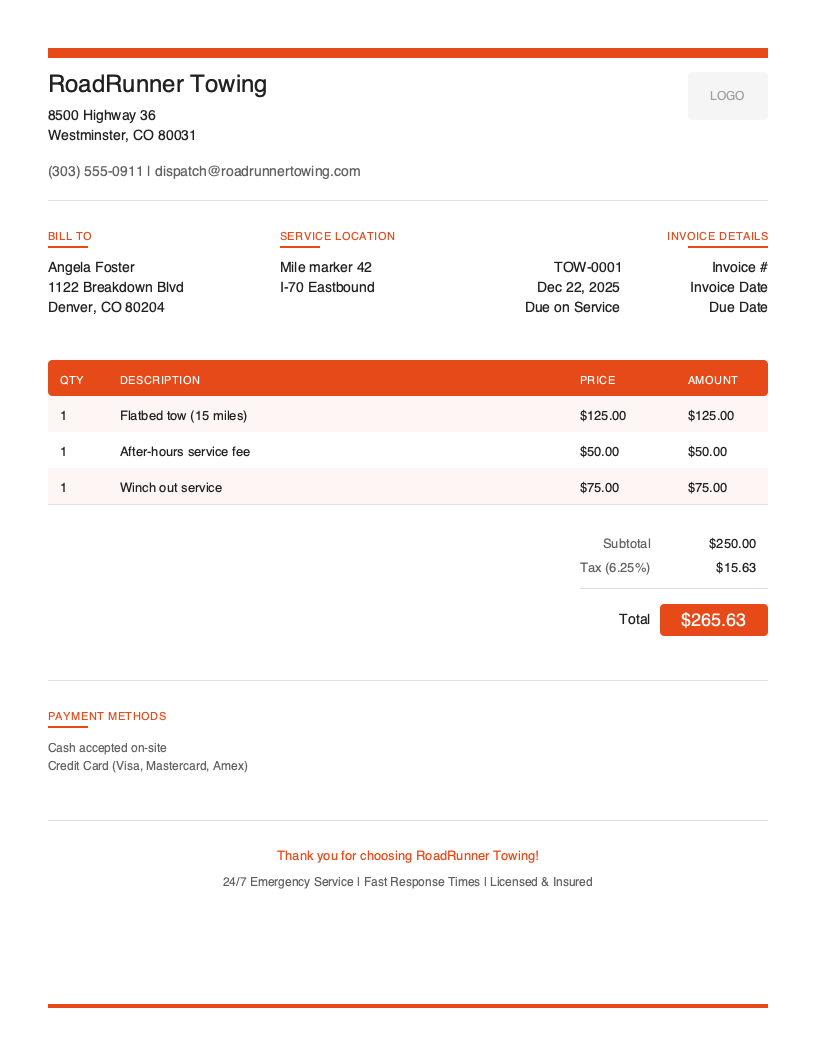 Modern Towing invoice template preview