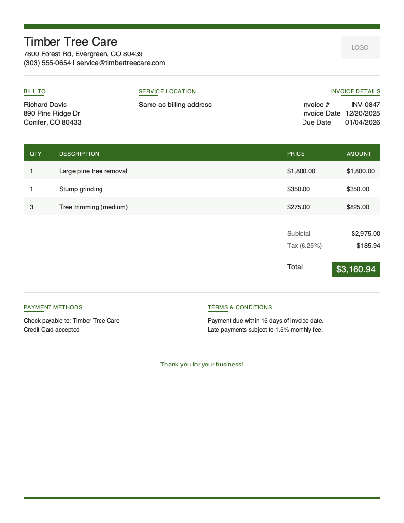 Modern Tree Service Invoice Template
