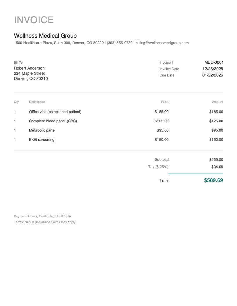 Minimal Medical invoice template preview