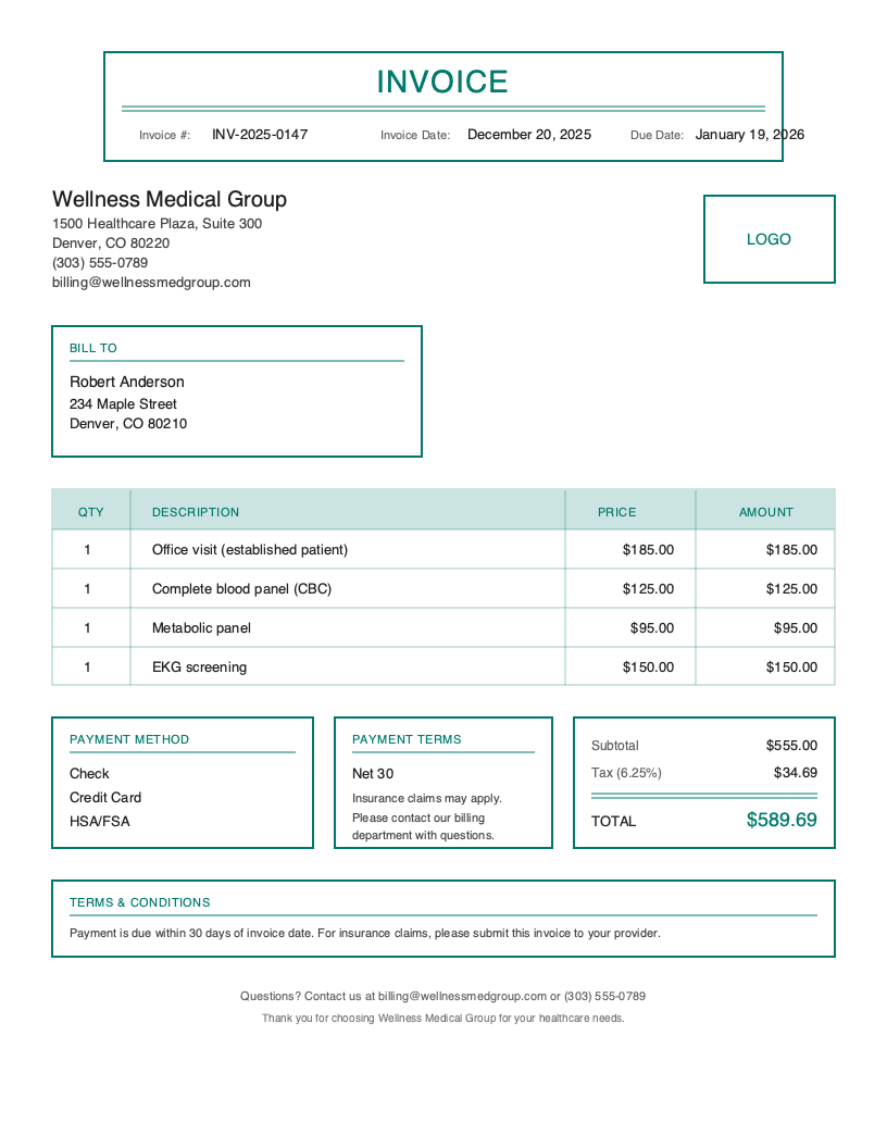 Classic Medical invoice template preview