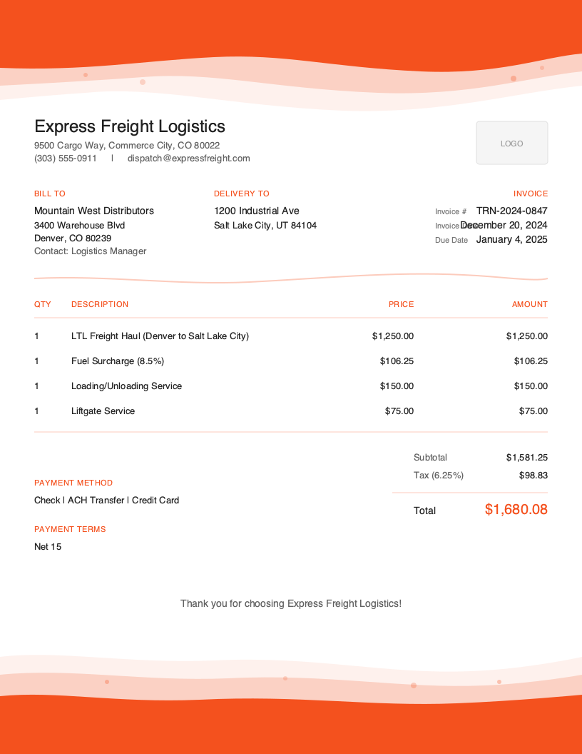 Artistic Transportation invoice template preview