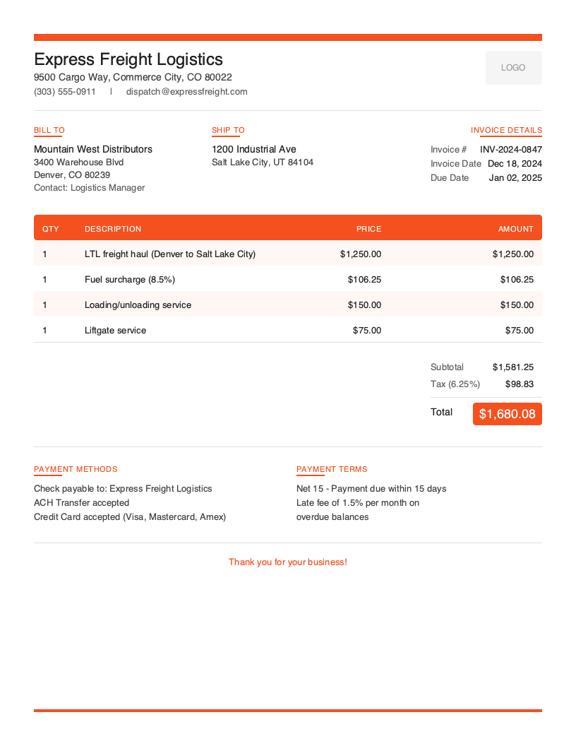 Modern Transportation invoice template preview