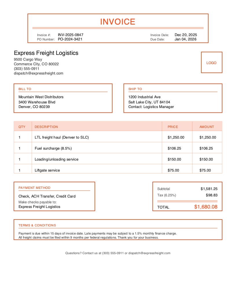 Classic Transportation invoice template preview