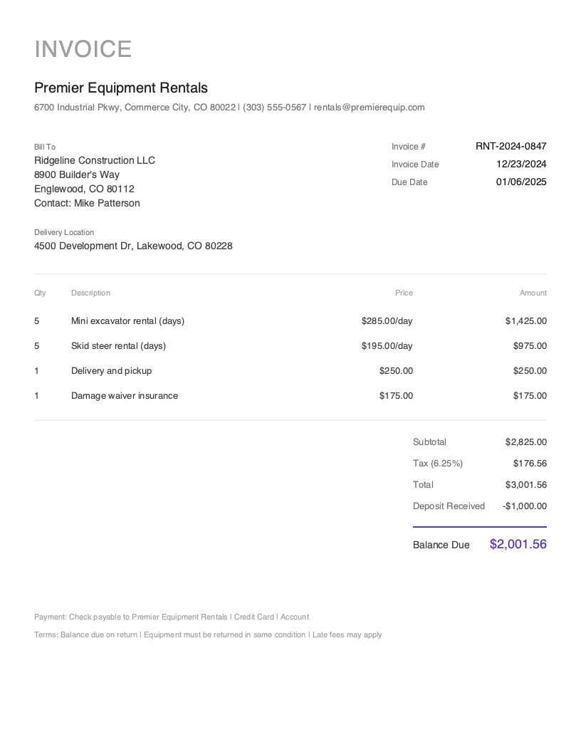 Minimal Rental invoice template preview