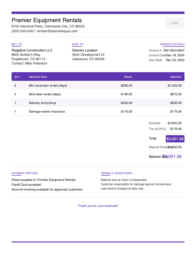 Modern Rental invoice template preview