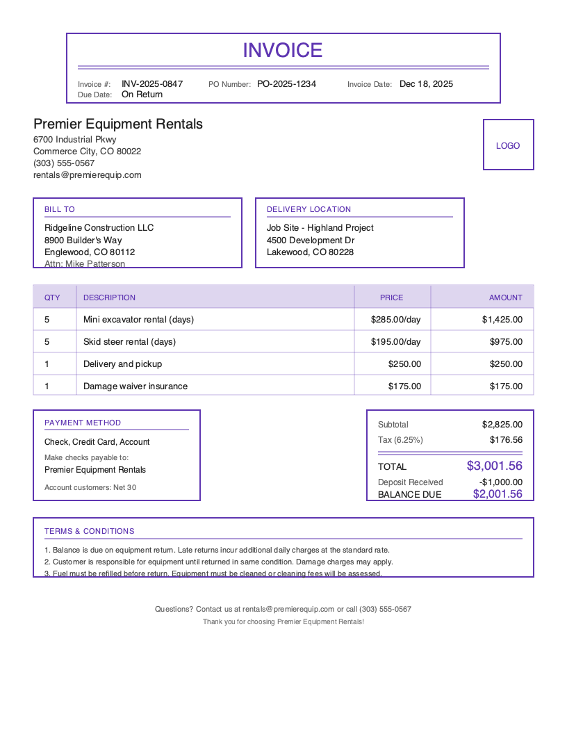 Classic Rental invoice template preview