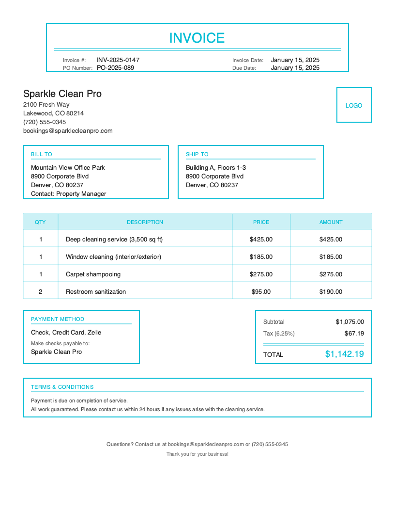 Classic Cleaning invoice template preview