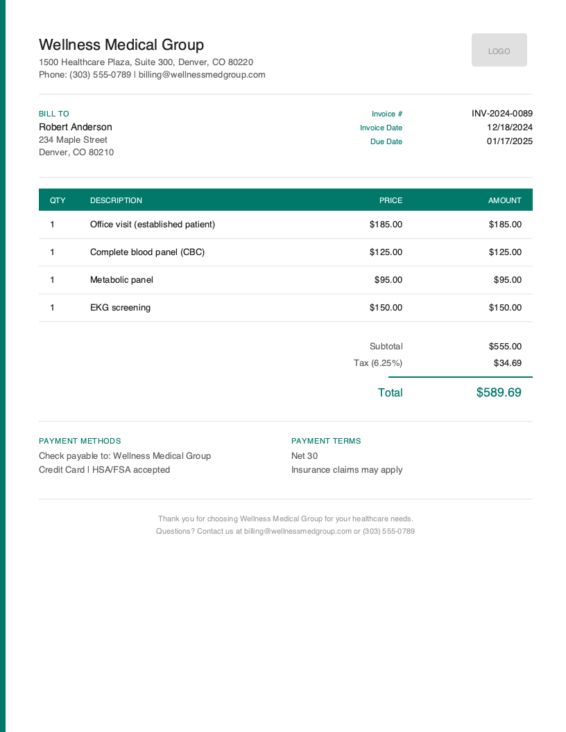 Default Medical invoice template preview