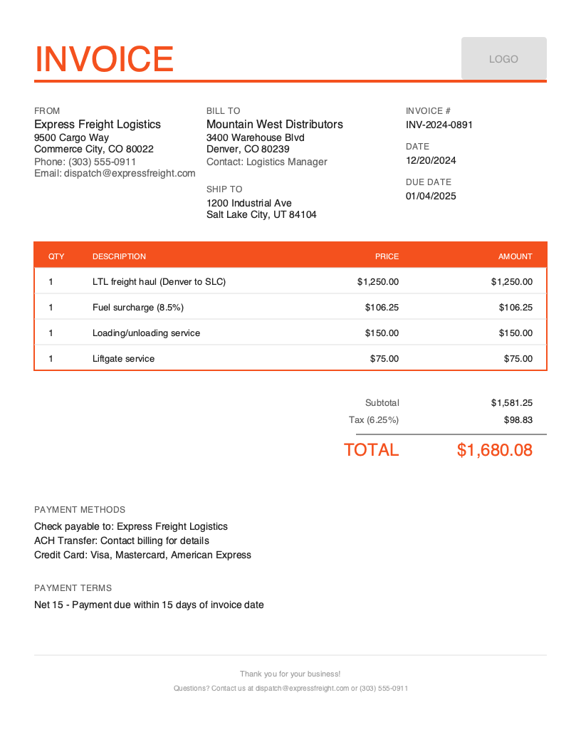 Default Transportation invoice template preview