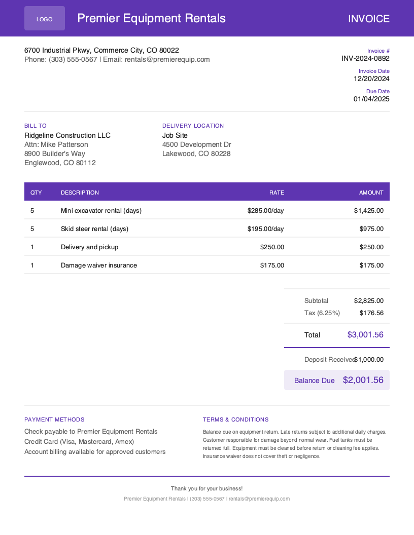 Default Rental invoice template preview