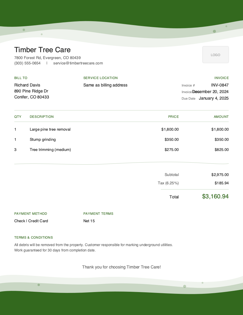 Artistic Tree Service invoice template preview
