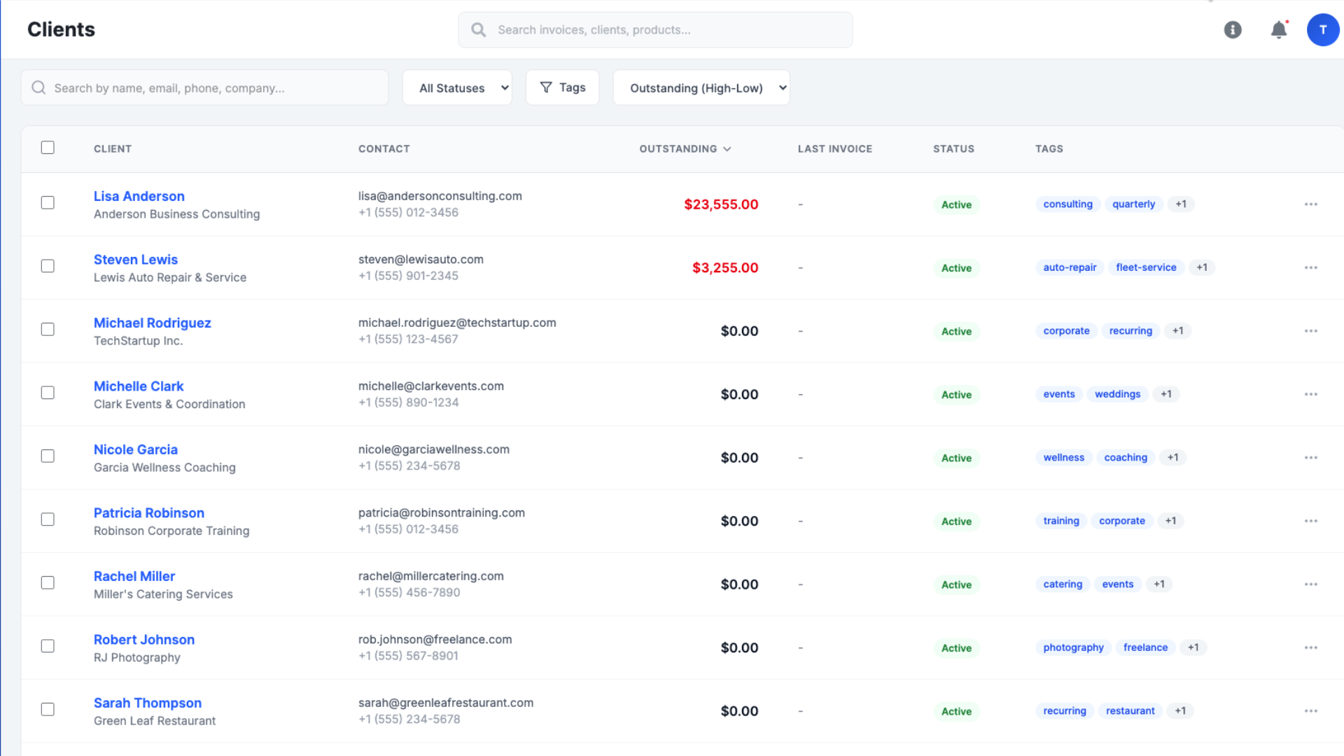 Client list view showing multiple clients with status badges and outstanding balances
