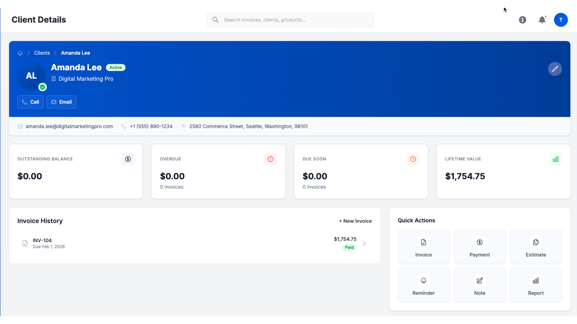 Client profile screen showing all fields populated with contact, address, and company information