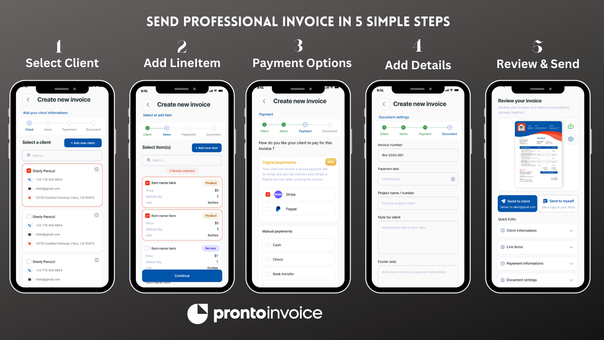 Side-by-side of the 5-step estimate creation flow on mobile