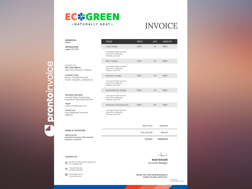 Invoice PDF preview showing all standard fields populated