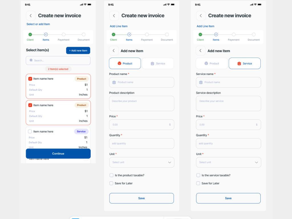 Item creation form showing all fields including name, price, unit, description, and item type selector