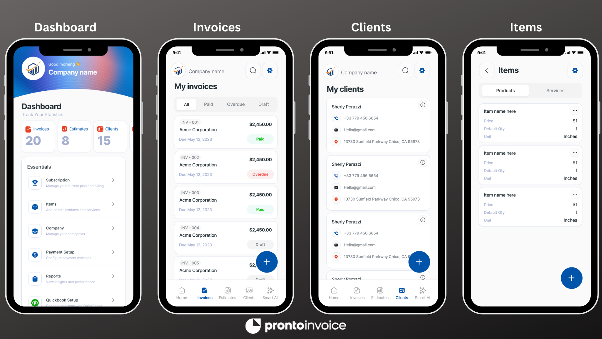 Four-panel grid showing the invoice list, client directory, item catalog, and dashboard screen on Android