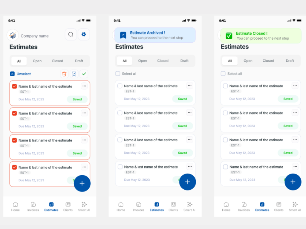 Estimates feature screen showing the estimates list flow
