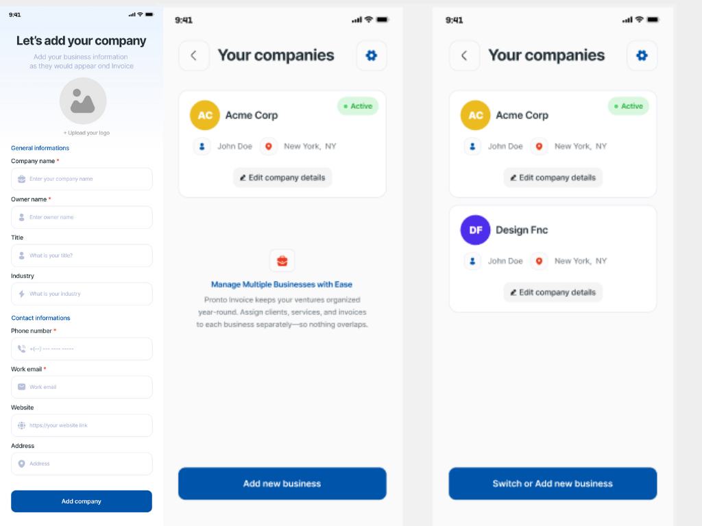 Screen showing form to add company, showing support for multiple companies
