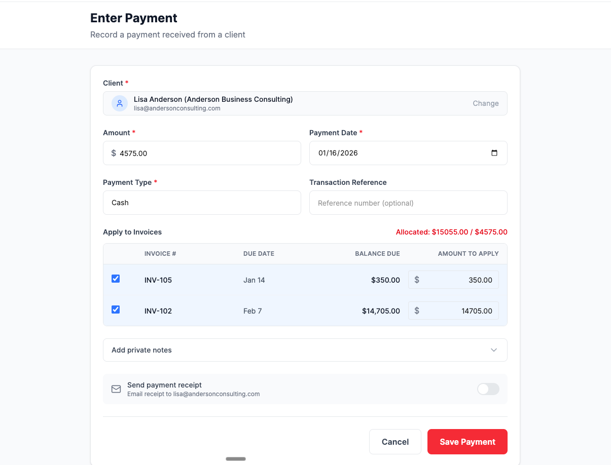 Payment creation form showing invoice selection with multiple invoices checked and allocation amounts entered