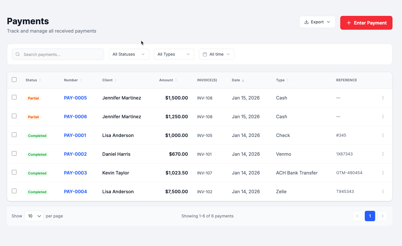 Payment list with filter dropdowns expanded showing status and payment type options