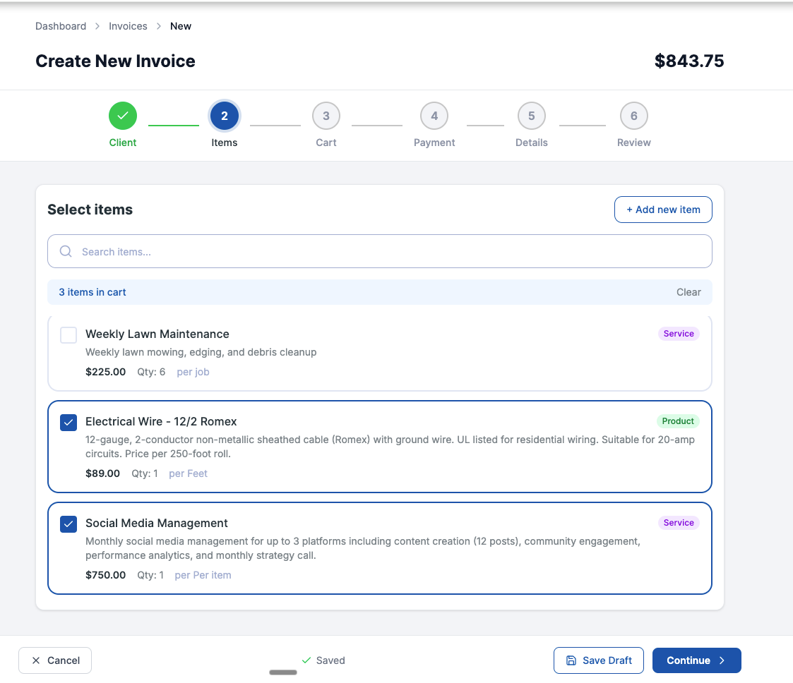 Item selection screen during invoice creation showing library items with photos and prices