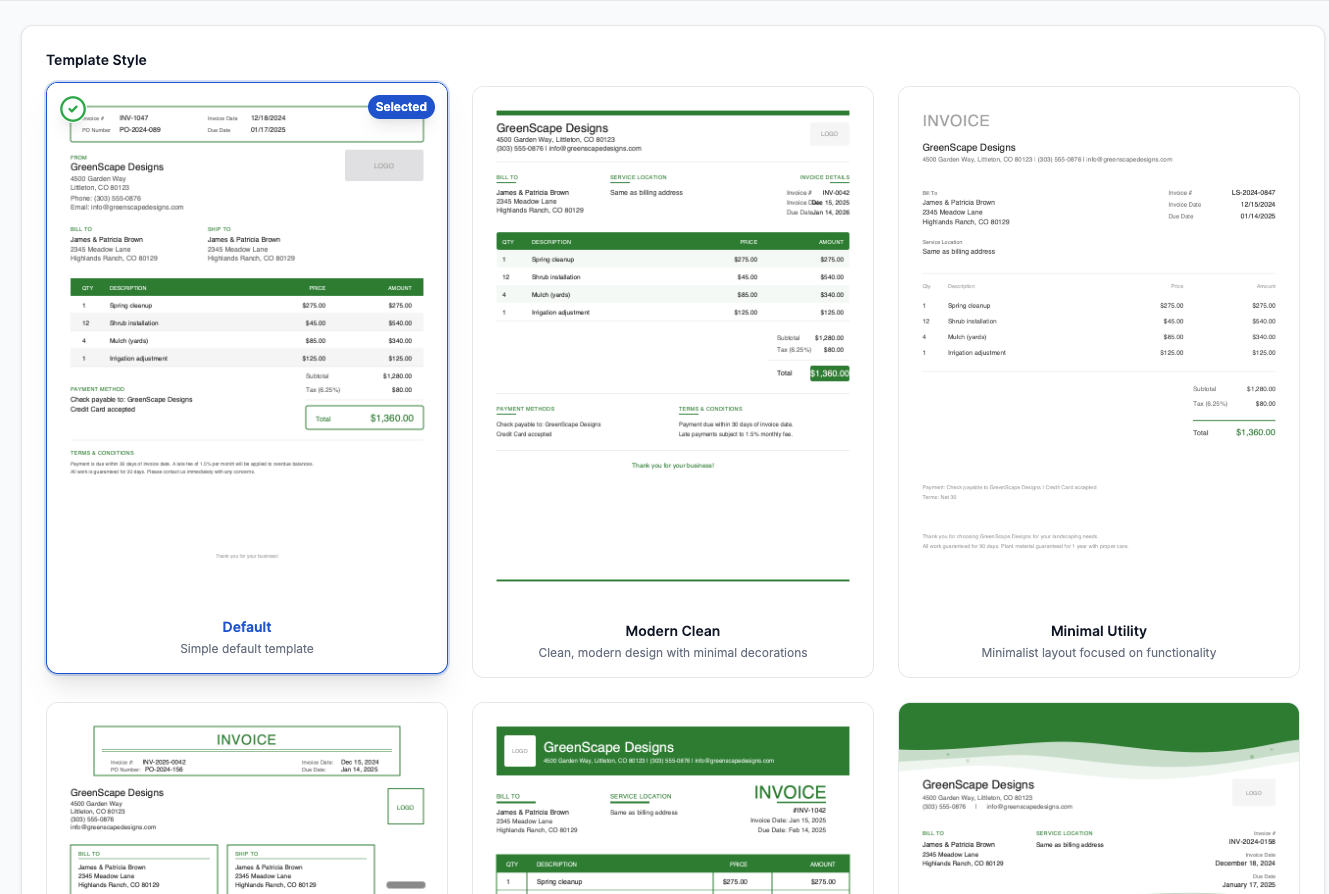Settings page showing template style selection and color picker