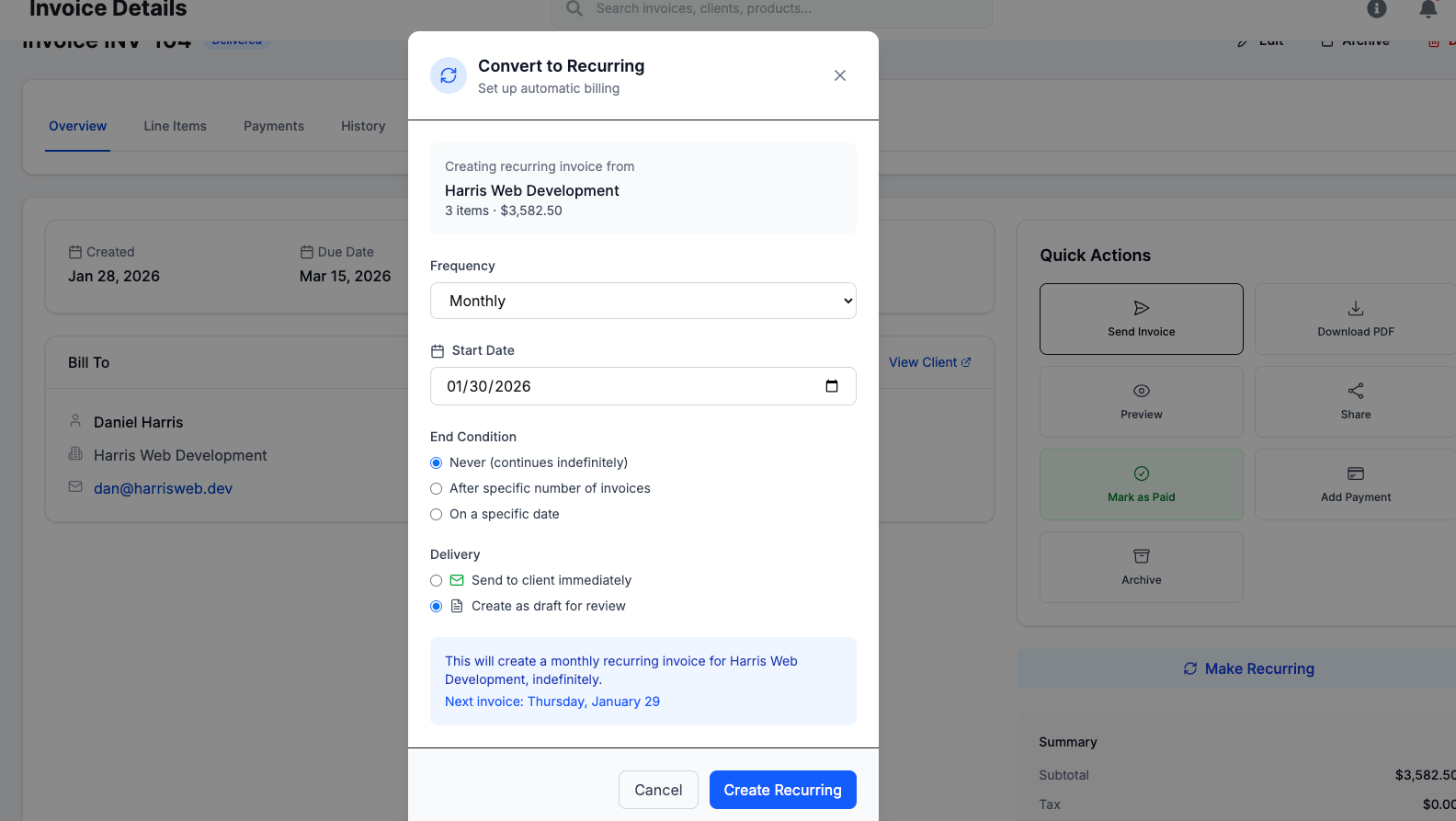 Invoice details page with "Add Recurring" button highlighted in Quick Actions section