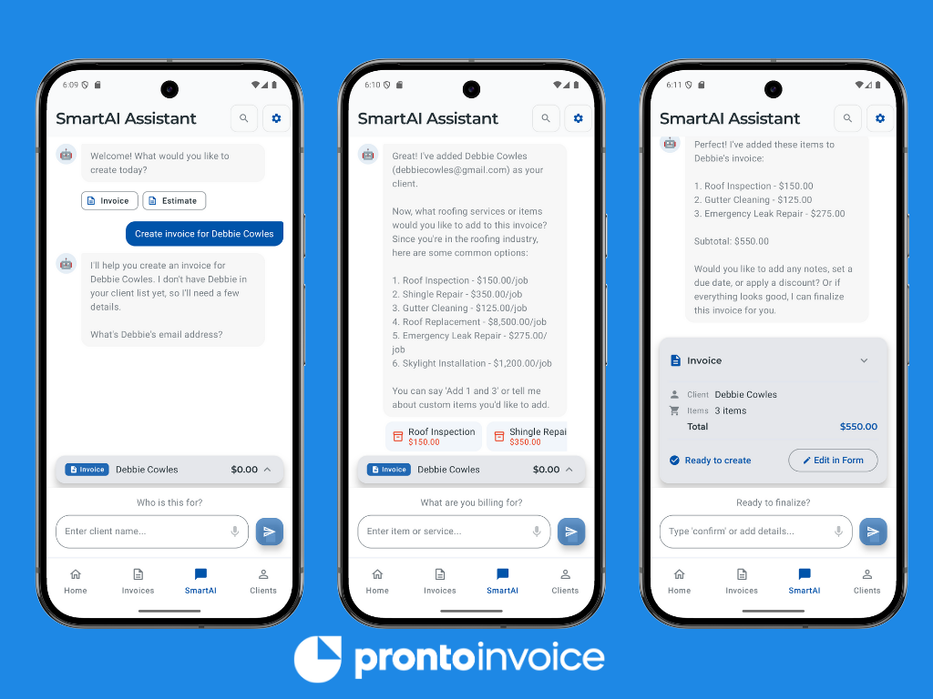 Four-panel sequence showing the Smart AI conversation flow on mobile: initial greeting with document type selection, client matching suggestion, line items being added conversationally, and final invoice preview card