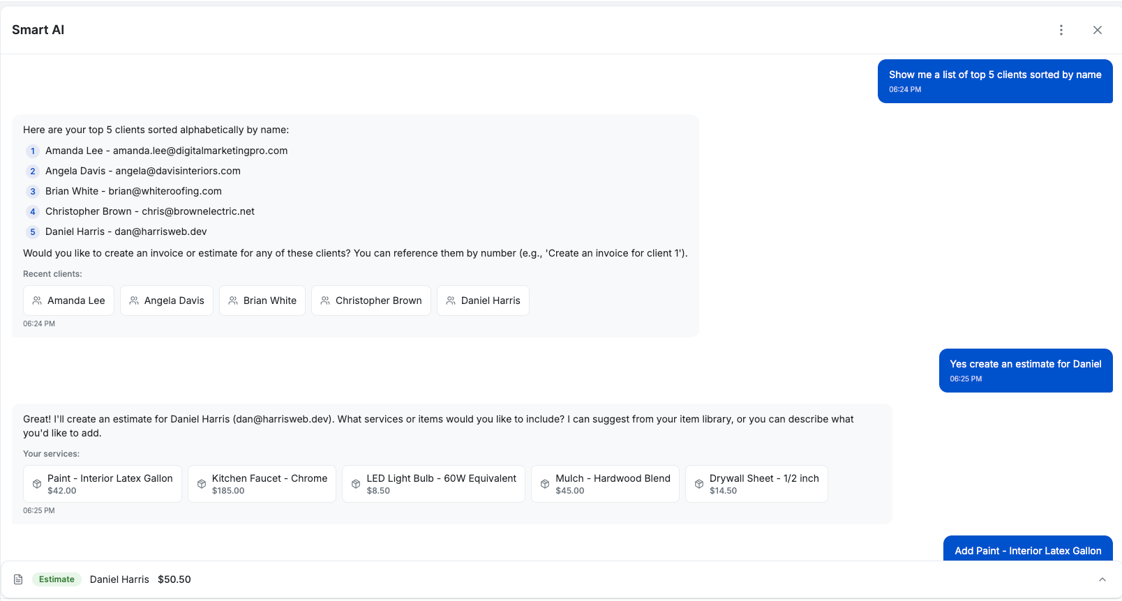 Smart AI conversation showing multi-turn dialogue where user adds multiple line items and the AI maintains context, showing running total