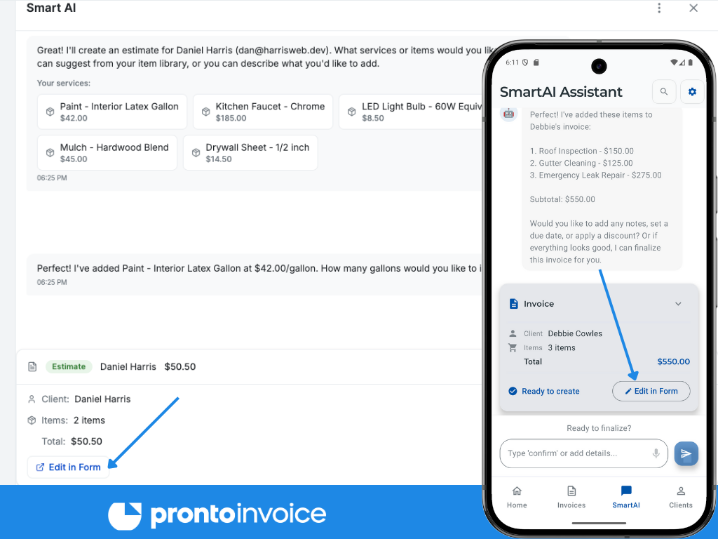 Invoice preview card in Smart AI with visible "Edit in Form" button, showing the seamless transition option