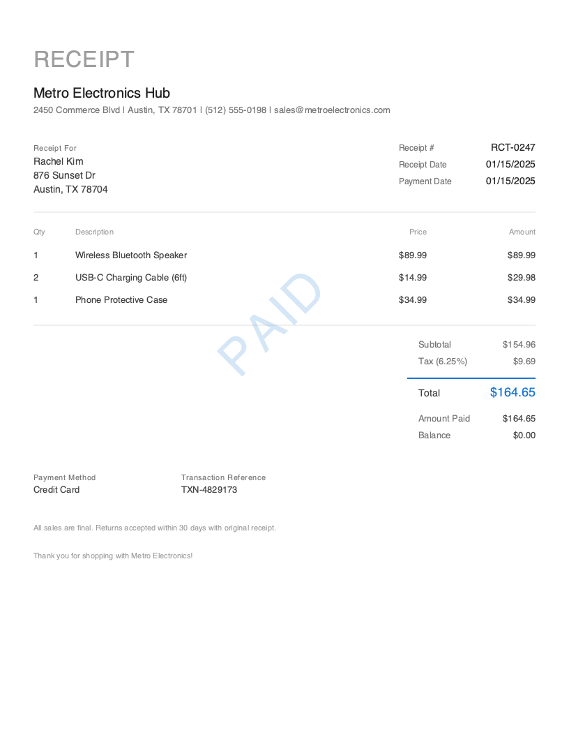 Free Sales Receipt Template Preview