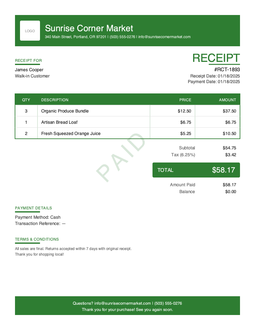 Free Cash Receipt Template