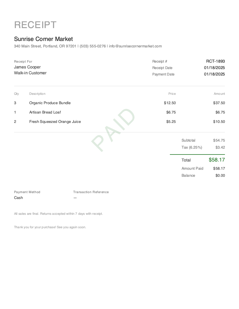 Free Cash Receipt Template Preview