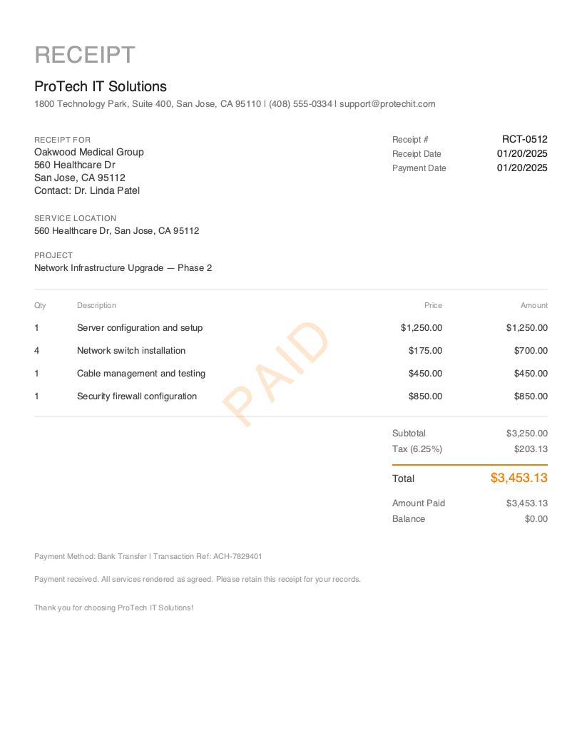 Free Service Receipt Template Preview