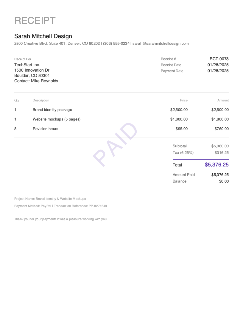 Free Freelance Receipt Template Preview