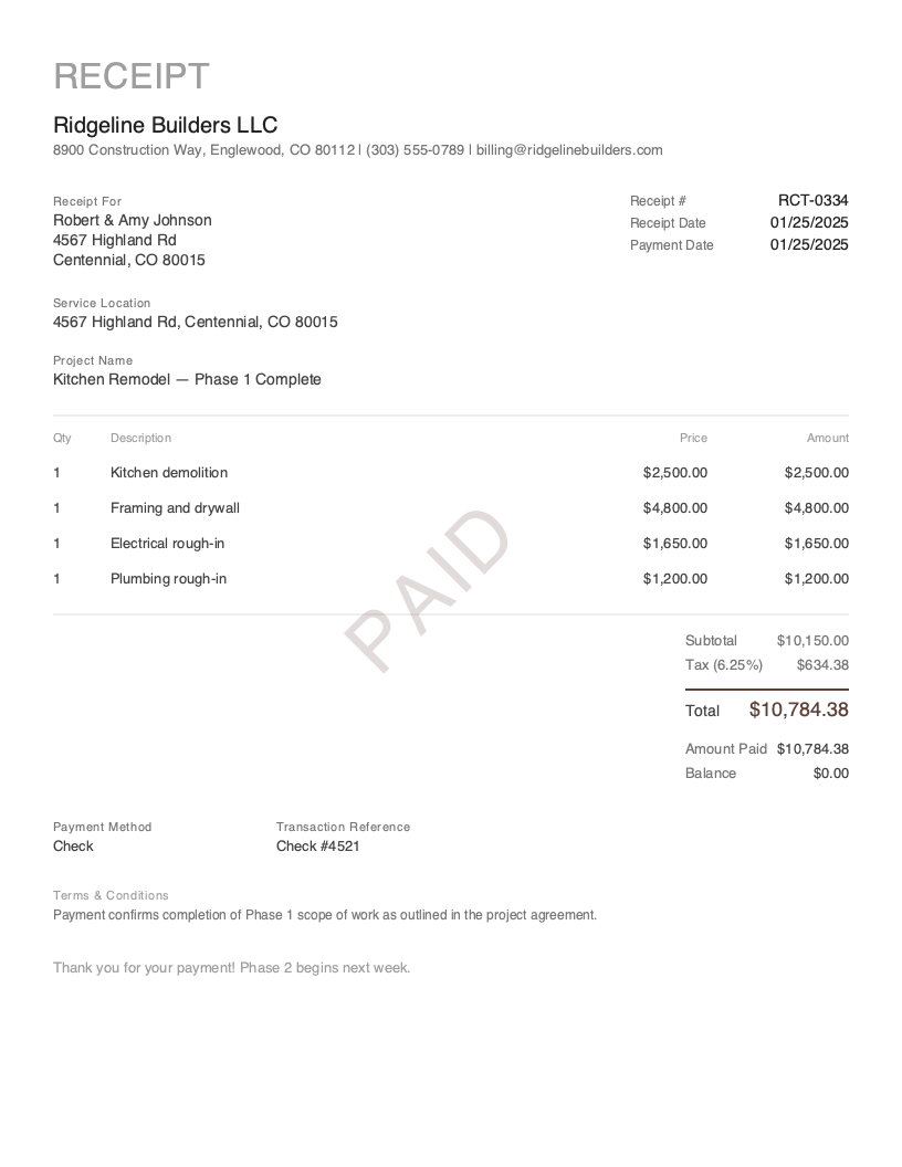 Free Contractor Receipt Template Preview