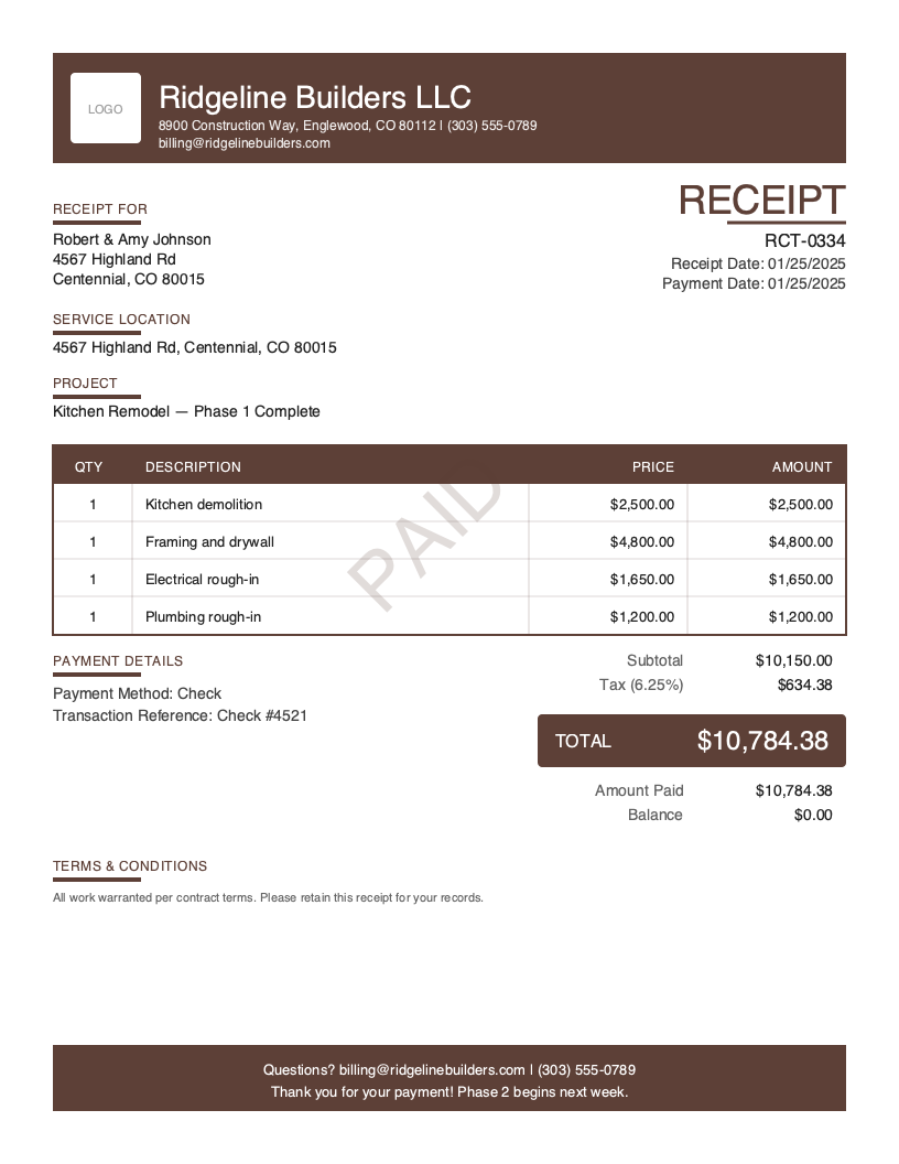 Free Contractor Receipt Template