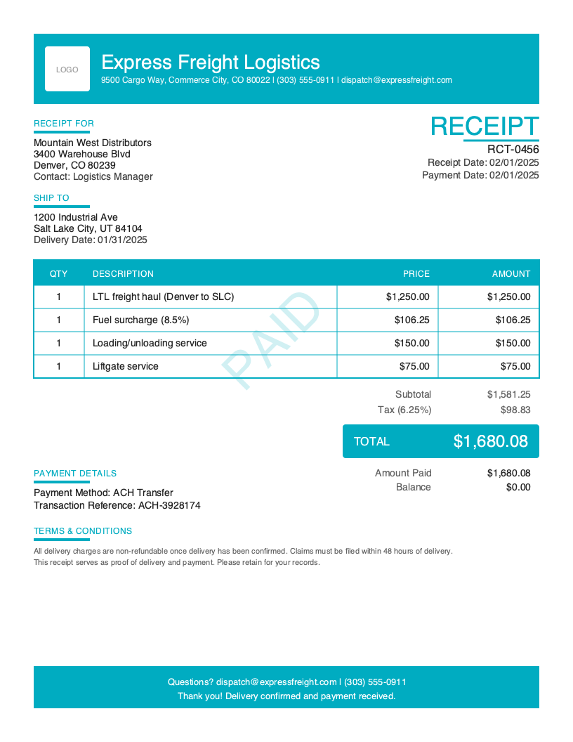 Free Delivery Receipt Template