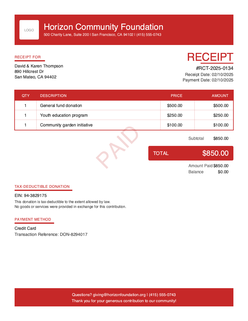 Free Donation Receipt Template