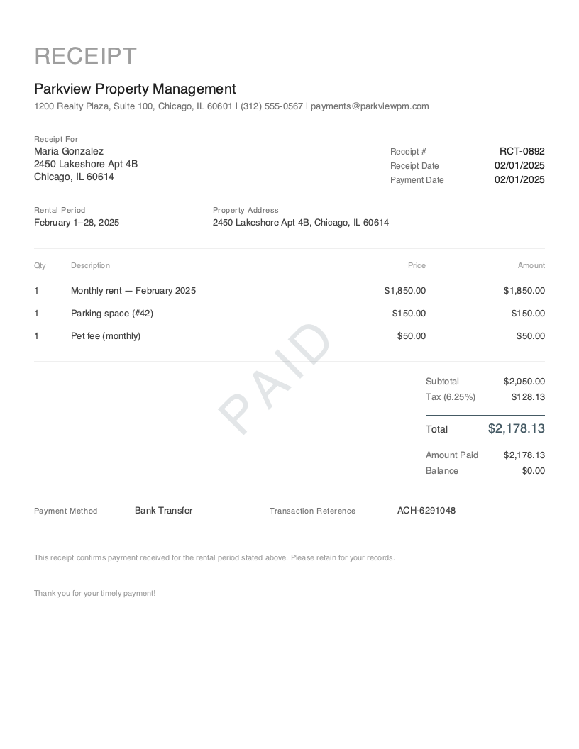Free Rent Receipt Template Preview