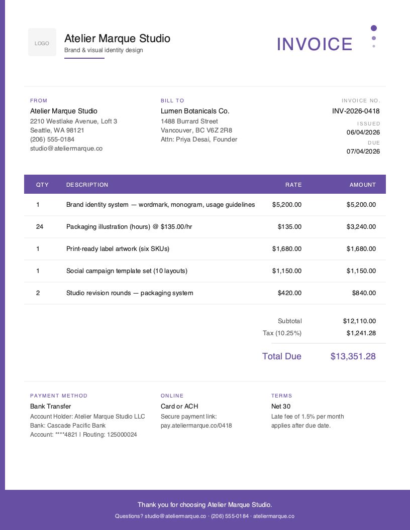 Artistic Graphic Design Invoice Template