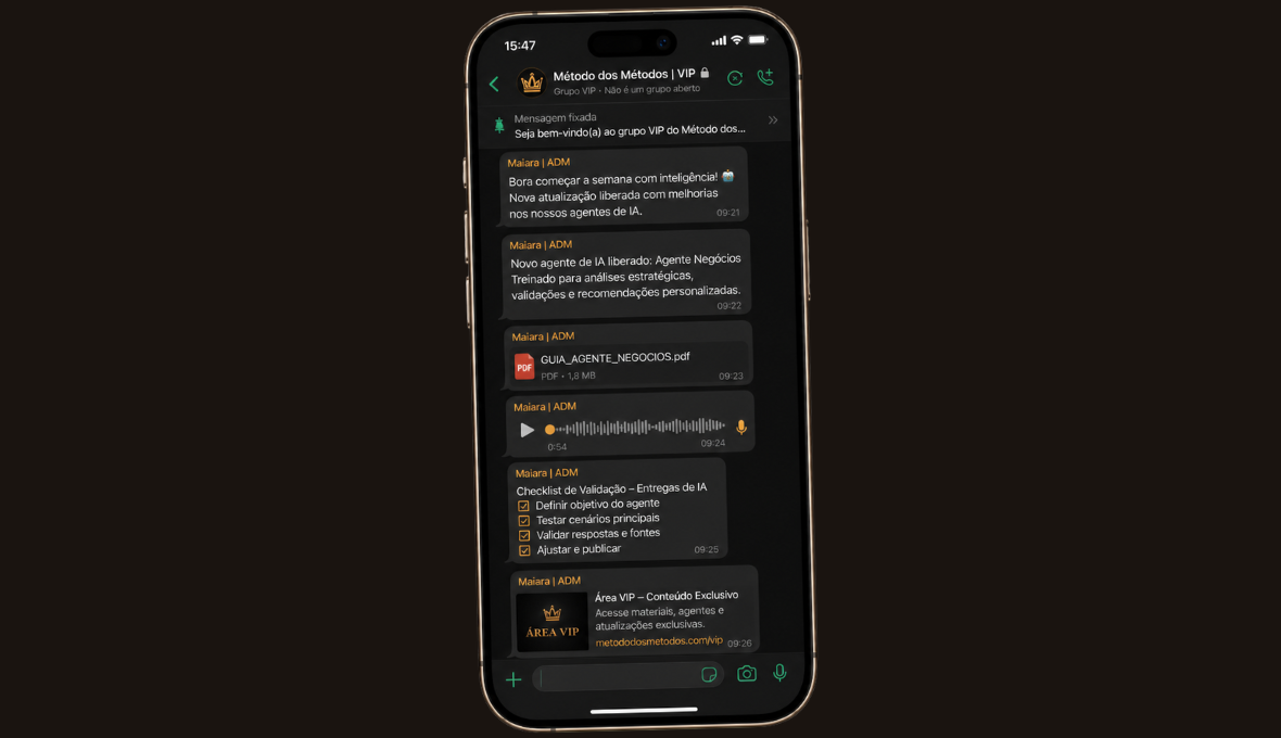 Mockup dos Materiais e Grupo VIP no WhatsApp