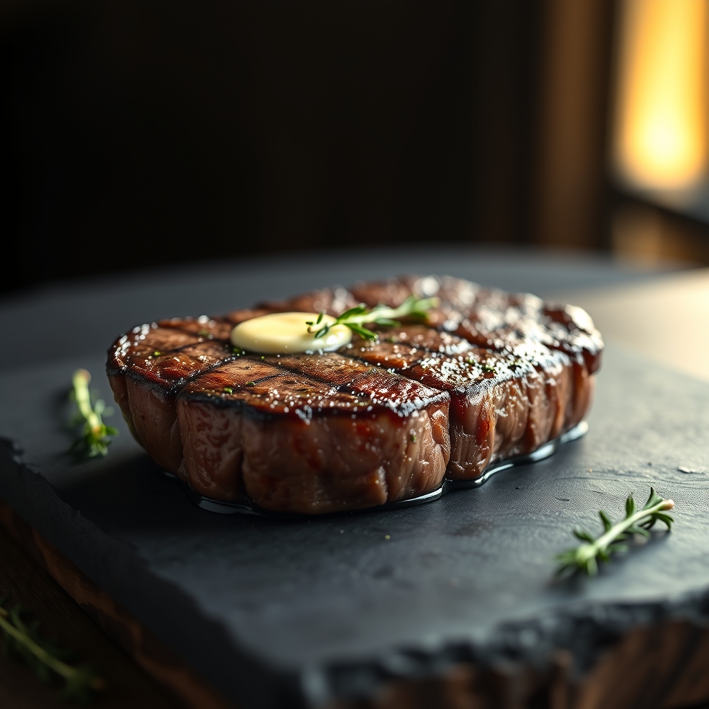 Delmonico steak resting on a cutting board