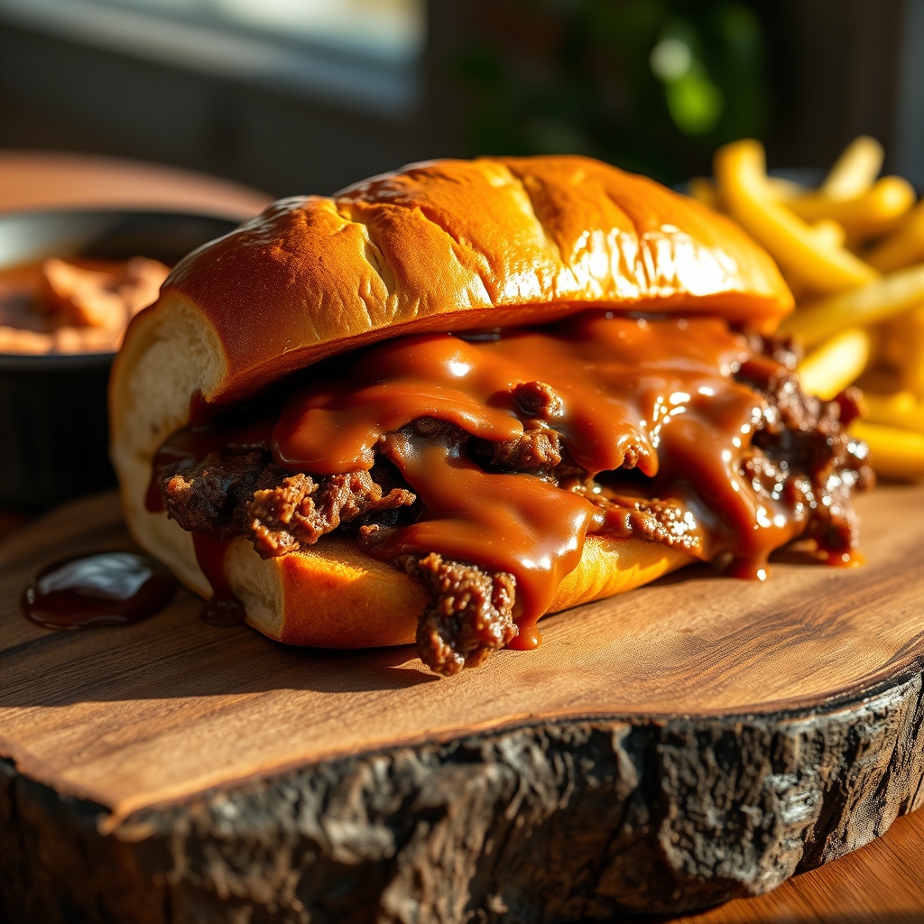 A juicy beef dip sandwich on a platter