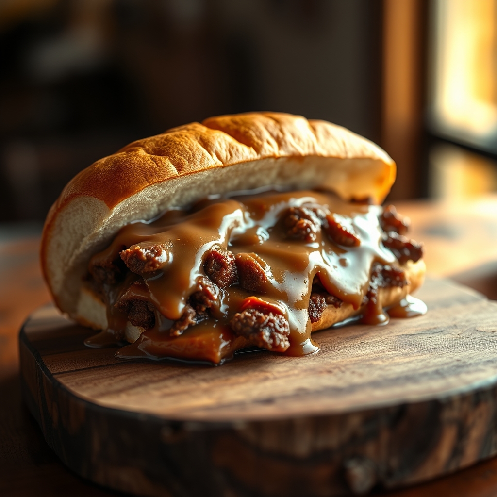 Close-up of beef dip sandwich with au jus for dipping