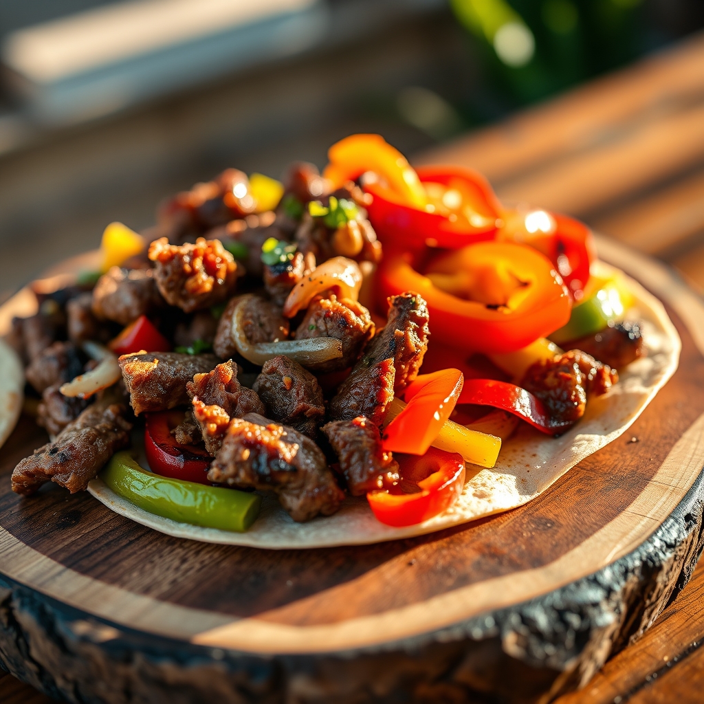 Sizzling beef fajitas on a cast iron skillet