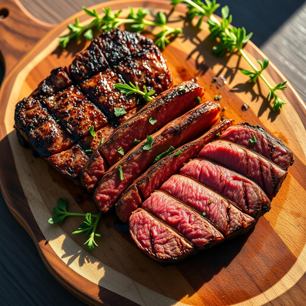 Seared flat iron steak on a cutting board