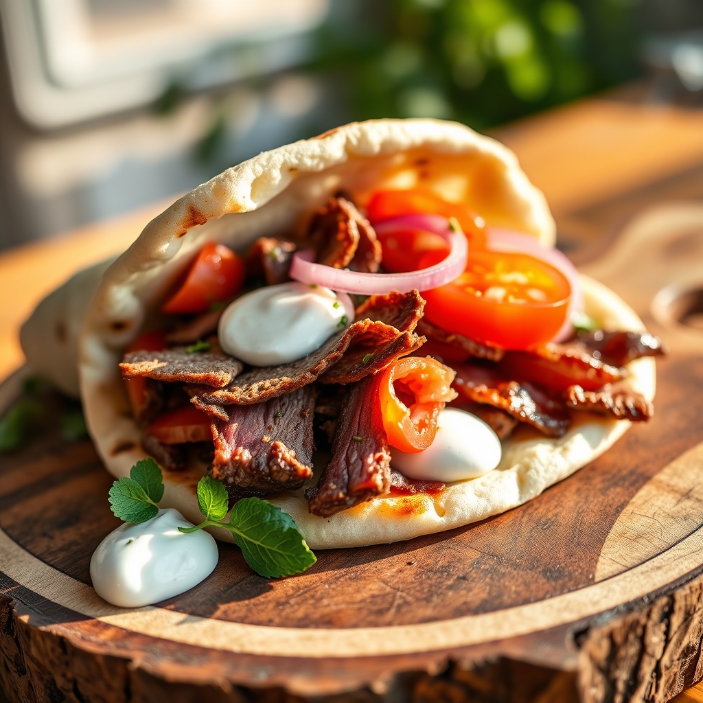 Tantalizing close-up of a homemade beef gyro sandwich