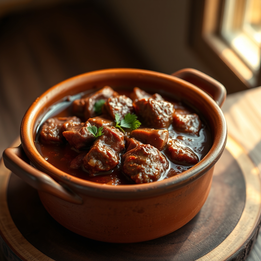 Beef Kaldereta simmering in a pot with vegetables